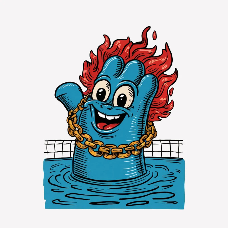 cartoon character blue creature red hair gold chain water smiling volleyball net comic style Female T-Shirt