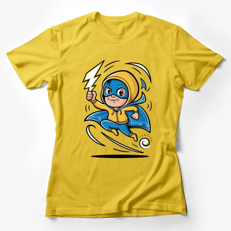 cartoon character superhero lightning bolt yellow hoodie blue costume cape flying comic style Female T-Shirt