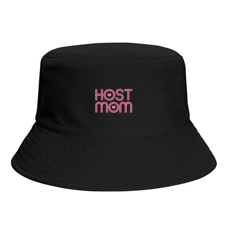 Pink Host Mom Typography with Hearts: Exchange Student Parenting Bucket Hat