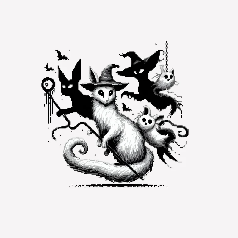 halloween cats witch bats spooky black and white illustration Female T-Shirt