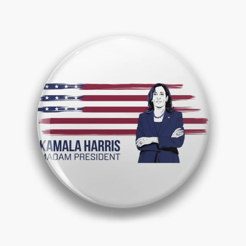 Illustrated Portrait of Vice President Kamala Harris with American Flag Background Pin