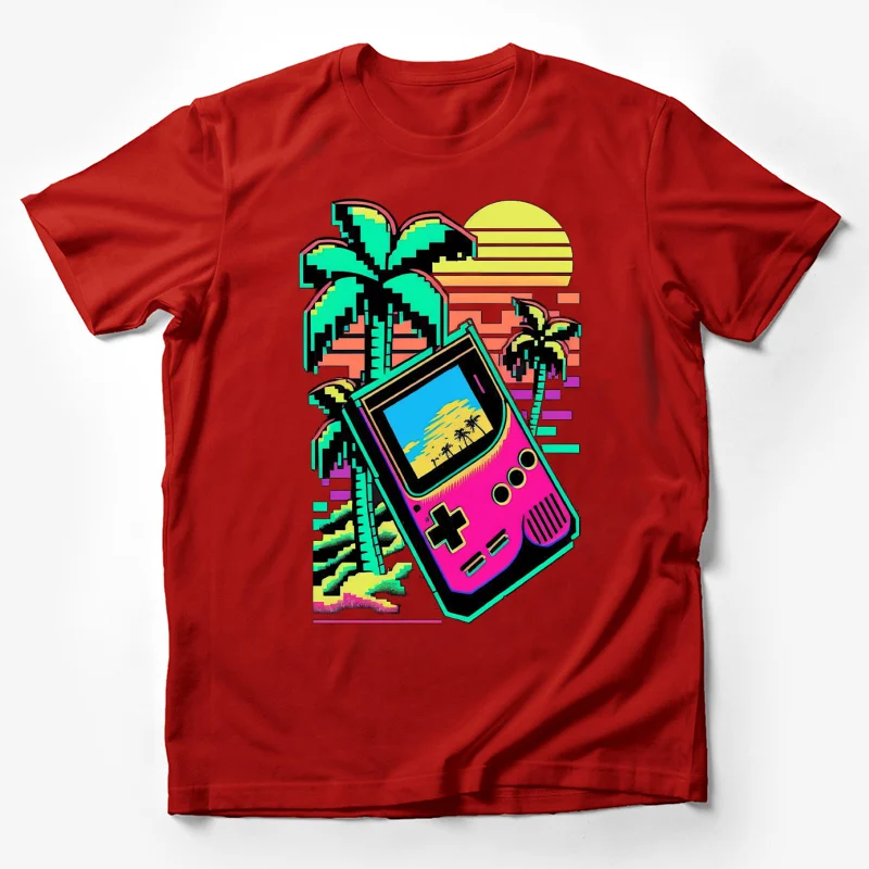 Retro gaming pixel art palm trees handheld console 8-bit graphics tropical scene Male T-Shirt