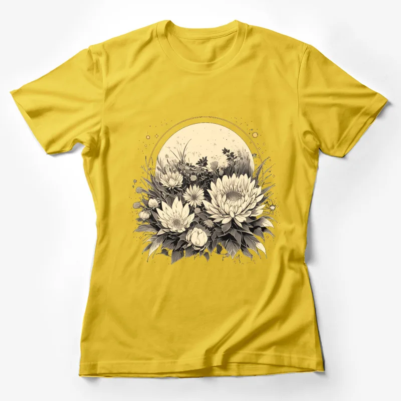 floral illustration botanical art monochrome sunflowers nature circular composition vintage style Female T-Shirt