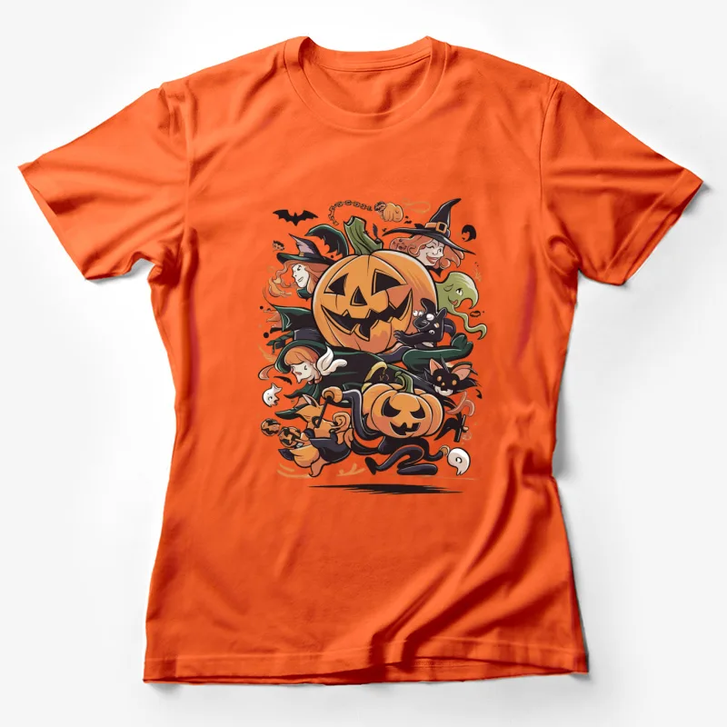 Halloween jack-o'-lantern witches ghosts bats pumpkins cartoon spooky Female T-Shirt