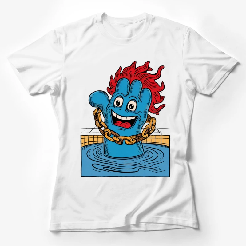 cartoon character blue creature red hair gold chain swimming pool smiling comic style illustration Female T-Shirt