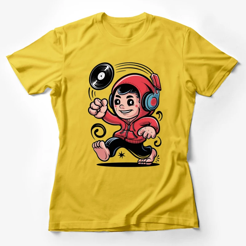 cartoon character music vinyl record headphones red hoodie dancing retro style illustration Female T-Shirt