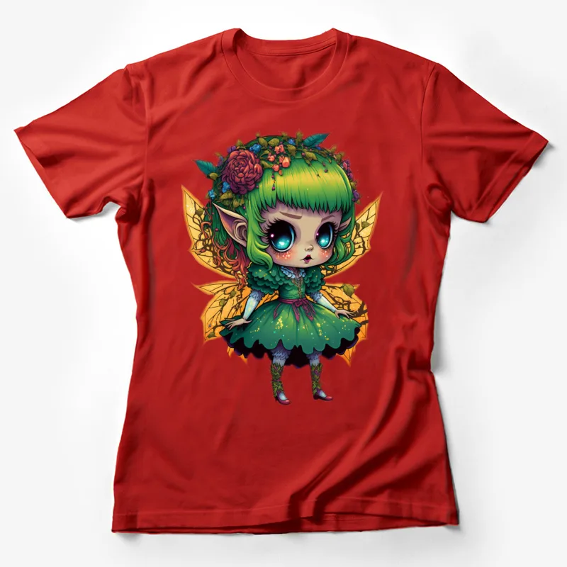 Fairy fantasy cartoon character big eyes green hair colorful cute whimsical Female T-Shirt