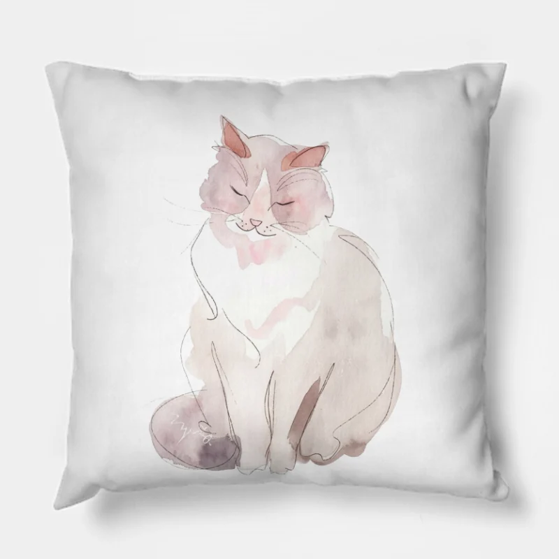 Cute Watercolor Cat Illustration in Pastel Tones Throw Pillow