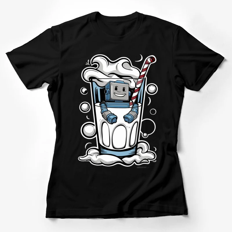 cartoon robot milkshake straw bubbles glass retro masco Female T-Shirt