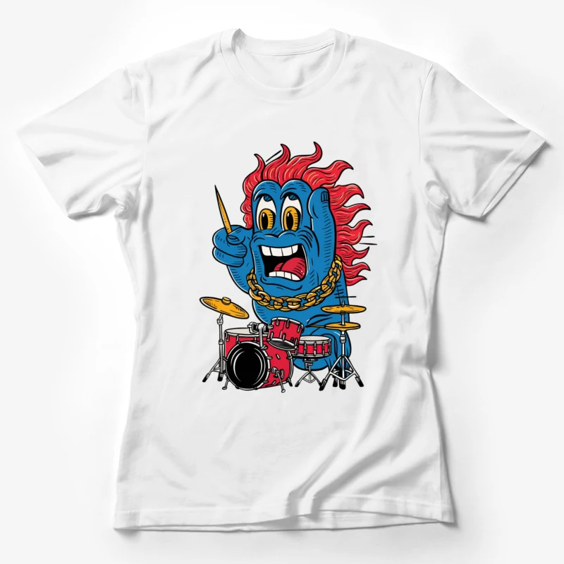 cartoon character drummer musical instrument blue monster red hair gold chain rock music Female T-Shirt