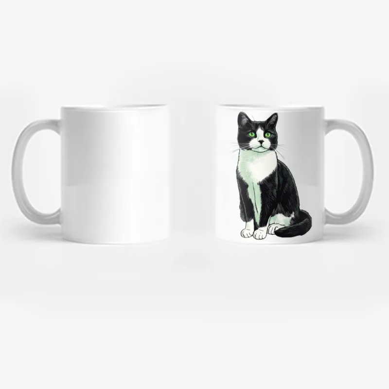 Illustrated Black and White Cat with Striking Green Eyes Coffee Mug