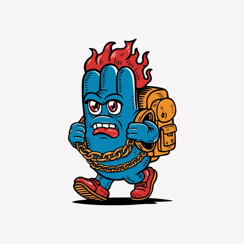 cartoon character street art graffiti style blue monster flames backpack gold chain angry expression Male T-Shirt