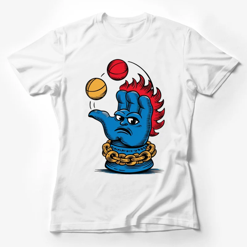 cartoon character blue monster juggling gold chain red mohawk illustration whimsical Female T-Shirt