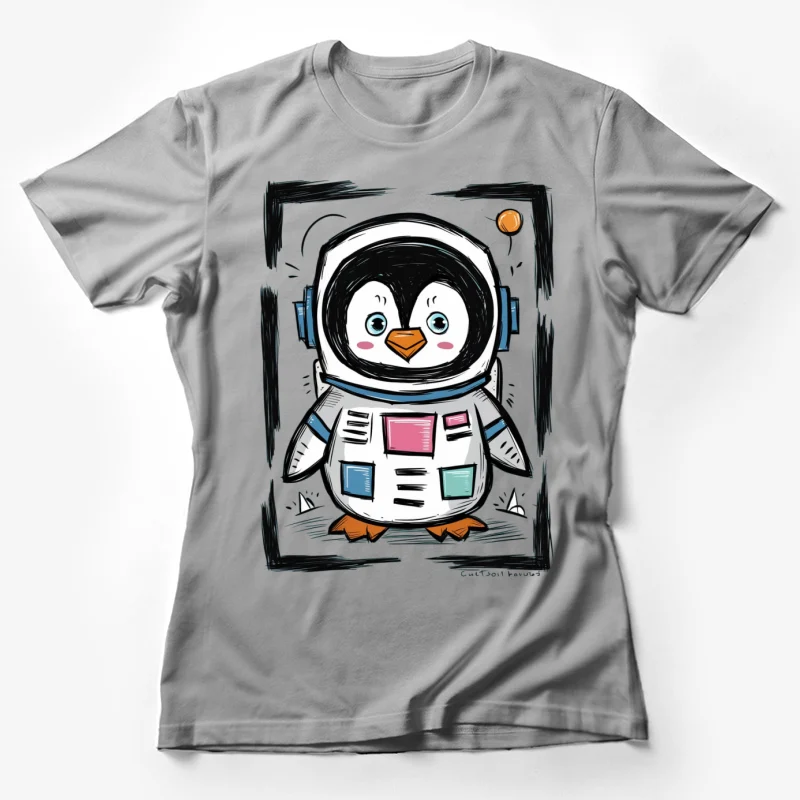 penguin astronaut cartoon space suit cute illustration children's drawing whimsical colorful Female T-Shirt