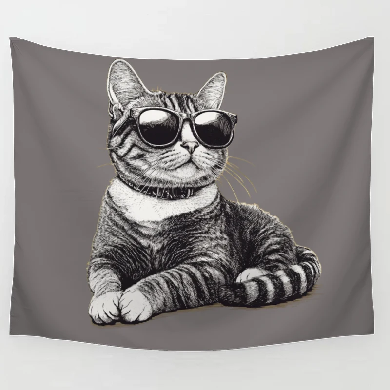 Cool Cat in Sunglasses: Stylish Feline Sketch Tapestry