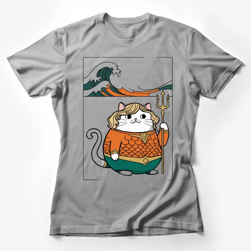 cat illustration Aquaman parody cartoon character ocean waves trident cute animal mythical creature comic ar Female T-Shirt