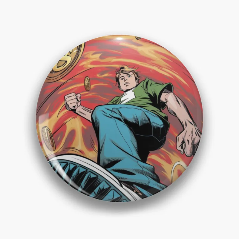 Dynamic Superhero Leaps Through Swirling Coins Pin