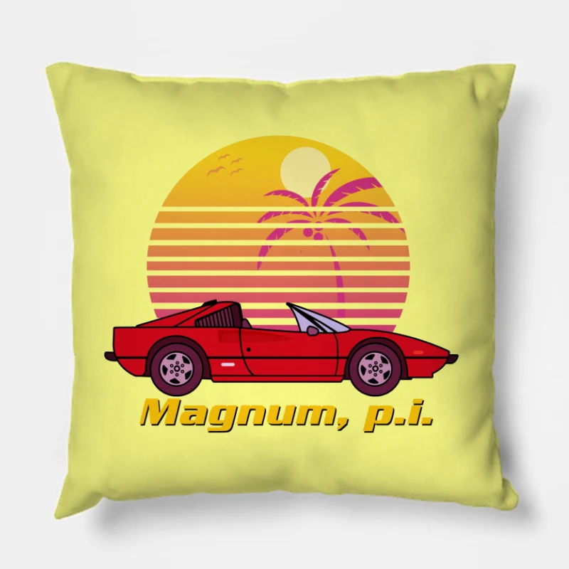 Retro Magnum P.I. Sunset with 80s Sports Car Throw Pillow