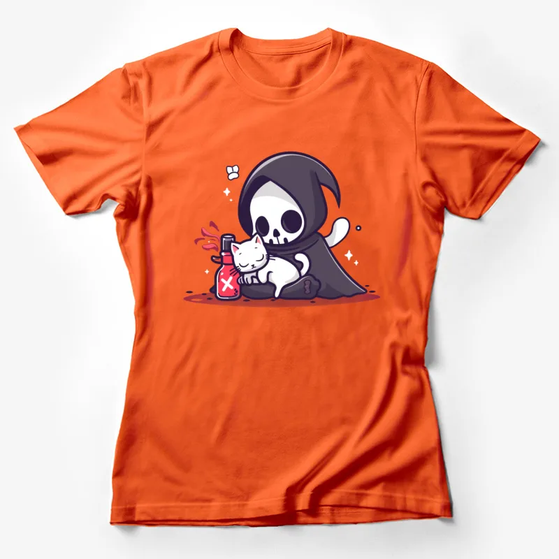 cartoon death cat bottle cute grim reaper spooky humor Female T-Shirt