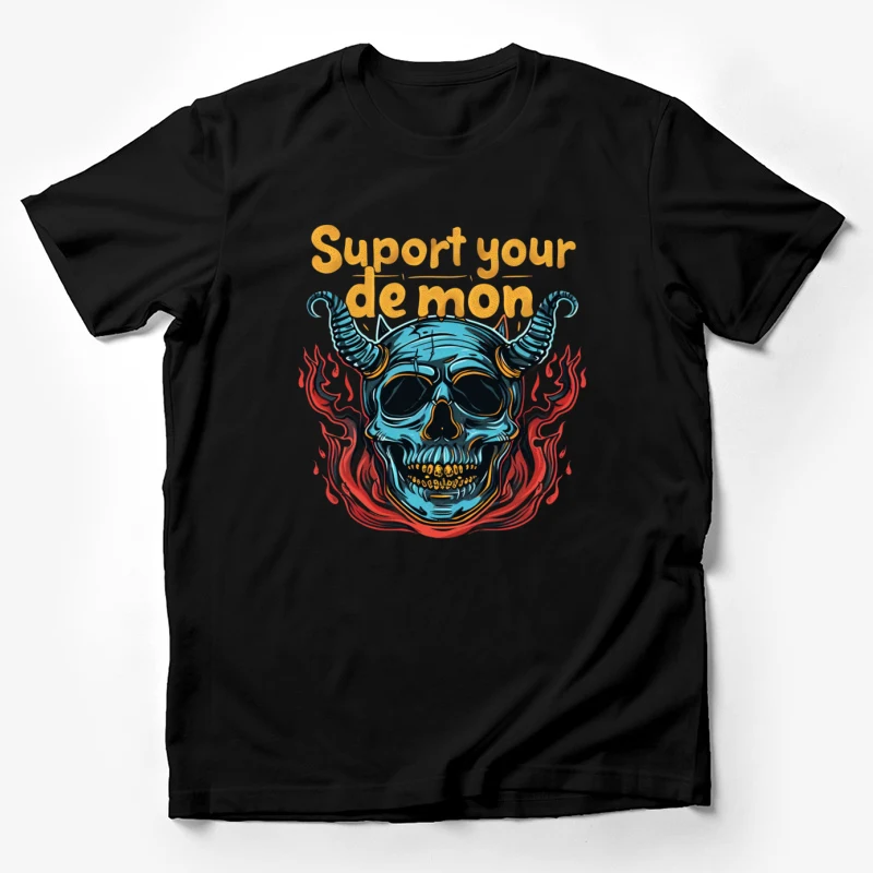 skull demon flames typography illustration gothic horror suppor Male T-Shirt