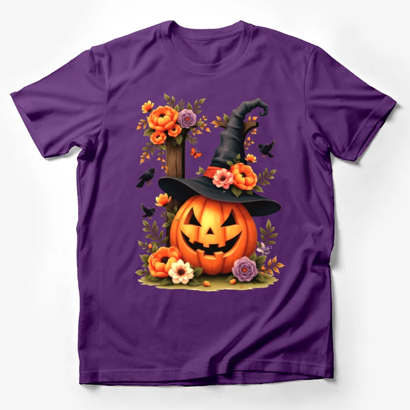 Halloween pumpkin witch hat flowers autumn jack-o'-lantern birds Male T-Shirt