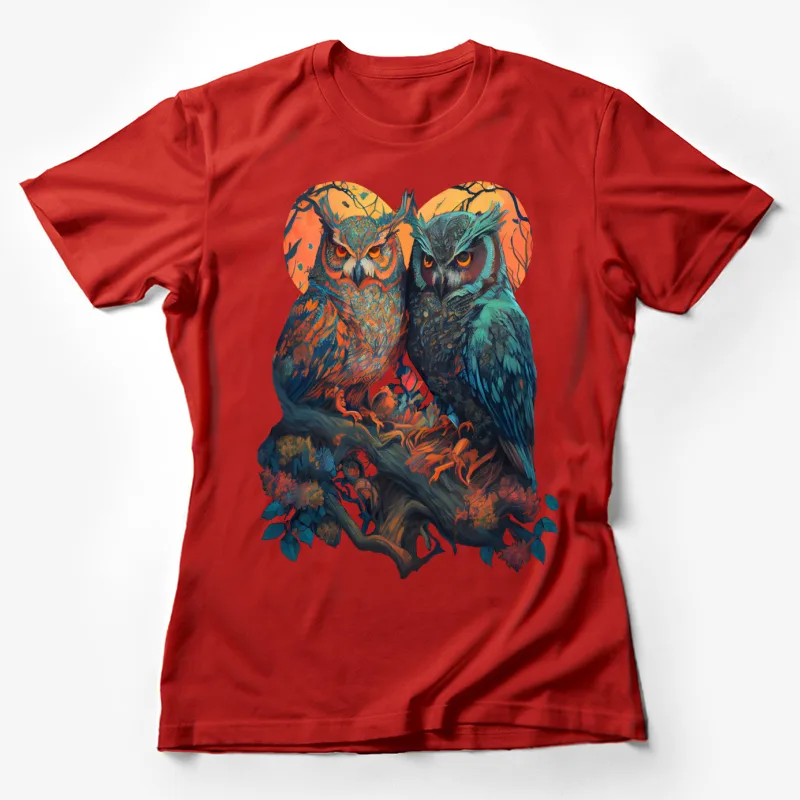 Owls birds art colorful nature illustration wildlife Female T-Shirt