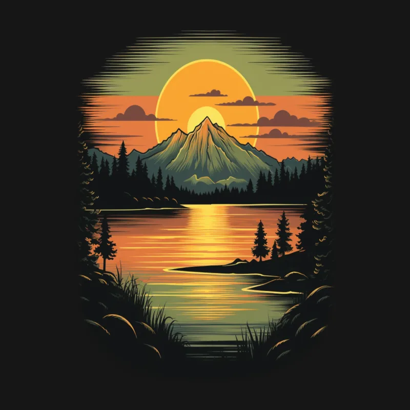 landscape mountain sunset lake forest nature scenic illustration Male T-Shirt