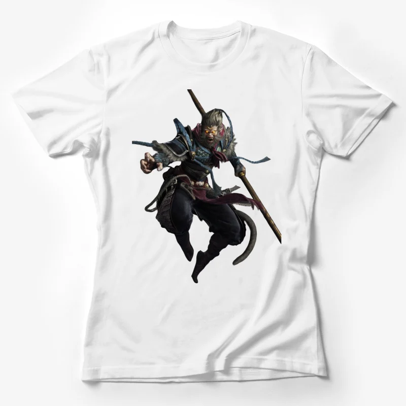 Black Myth Wukong fantasy character martial arts staff weapon action pose mythical creature battle gear dynamic movemen Female T-Shirt