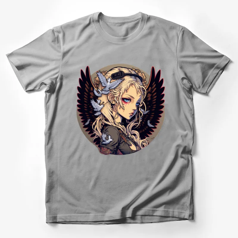 Fantasy wings blonde hair blue eyes birds illustration Male T-Shirt