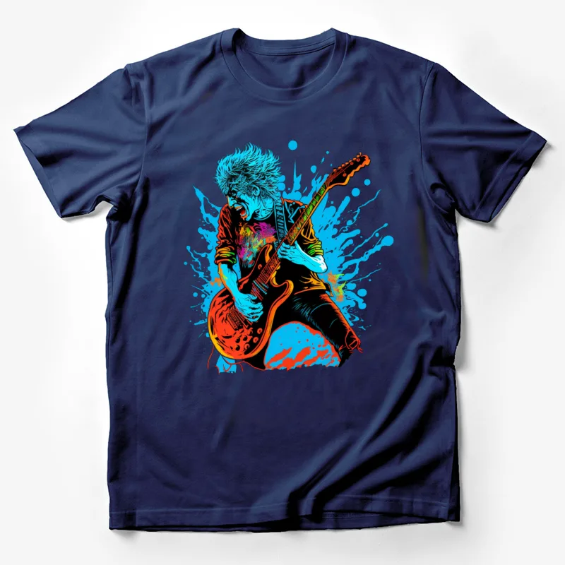 Guitarist rock music colorful artwork electric guitar splash effect vibrant colors musical performance Male T-Shirt