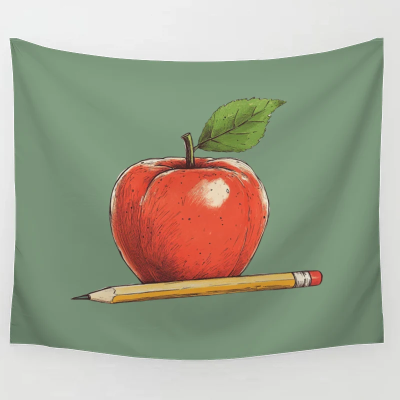 Educational Still Life: Apple and Pencil Illustration Tapestry