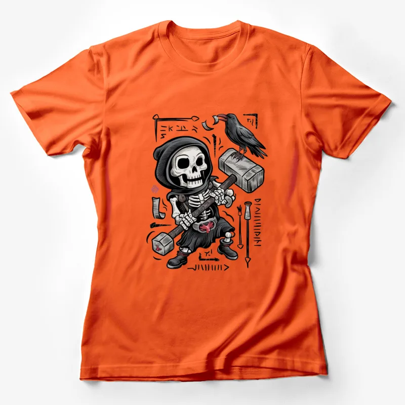 skeleton grim reaper cartoon raven hammer dark humor gothic illustration Female T-Shirt