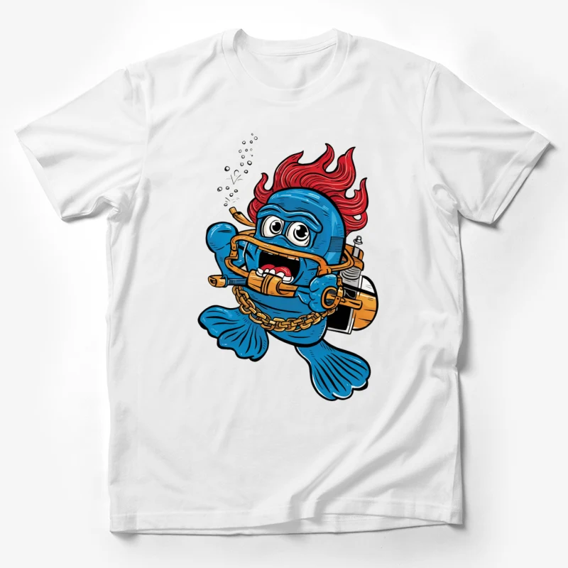 cartoon character diving scuba gear flame hair blue fish gold chain beer bottle Male T-Shirt