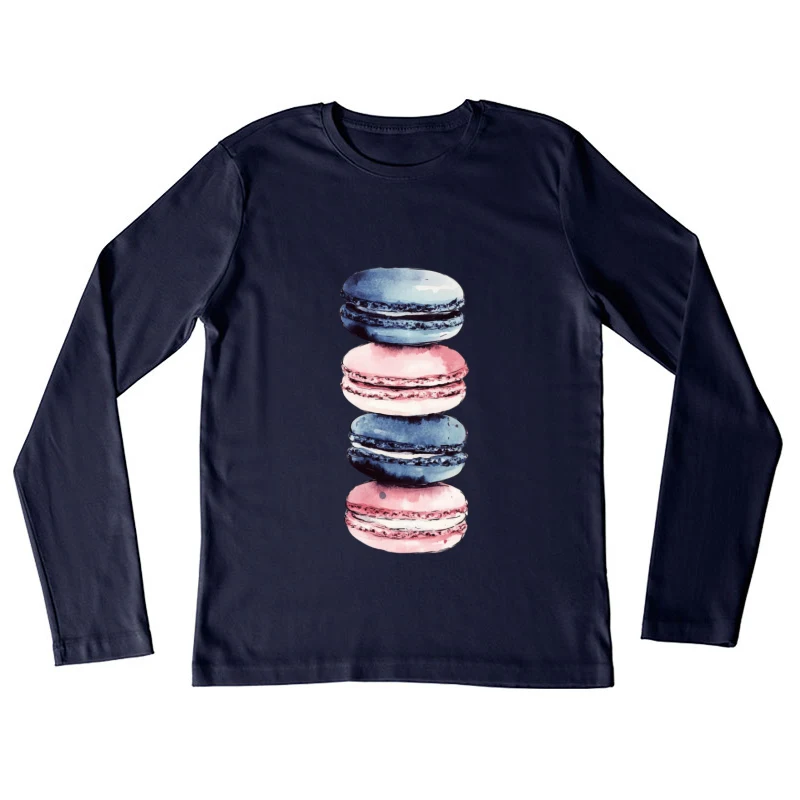 Watercolor Illustration of Stacked Blue and Pink Macarons Female Long Sleeve T-Shirt