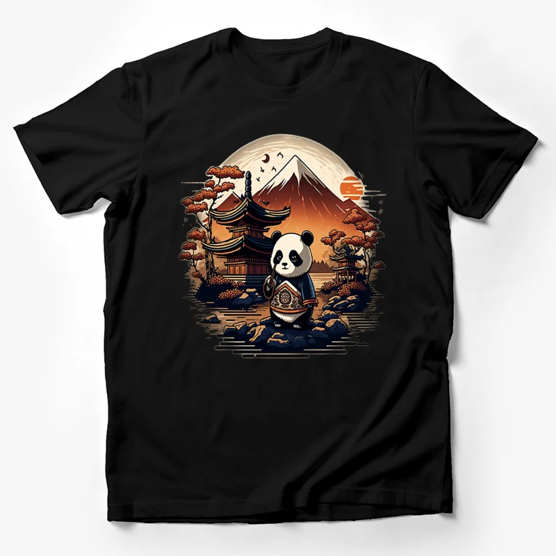 Panda Japan Mount Fuji pagoda illustration Asian landscape sunset cartoon Male T-Shirt