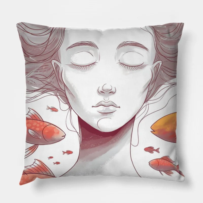 Dreamy Underwater Surrealism: Floating Figure Among Fish Throw Pillow