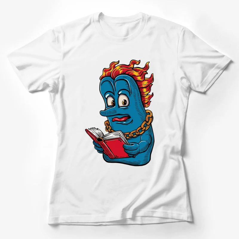 cartoon character blue creature reading book flaming hair gold chain expressive eyes illustration retro style Female T-Shirt