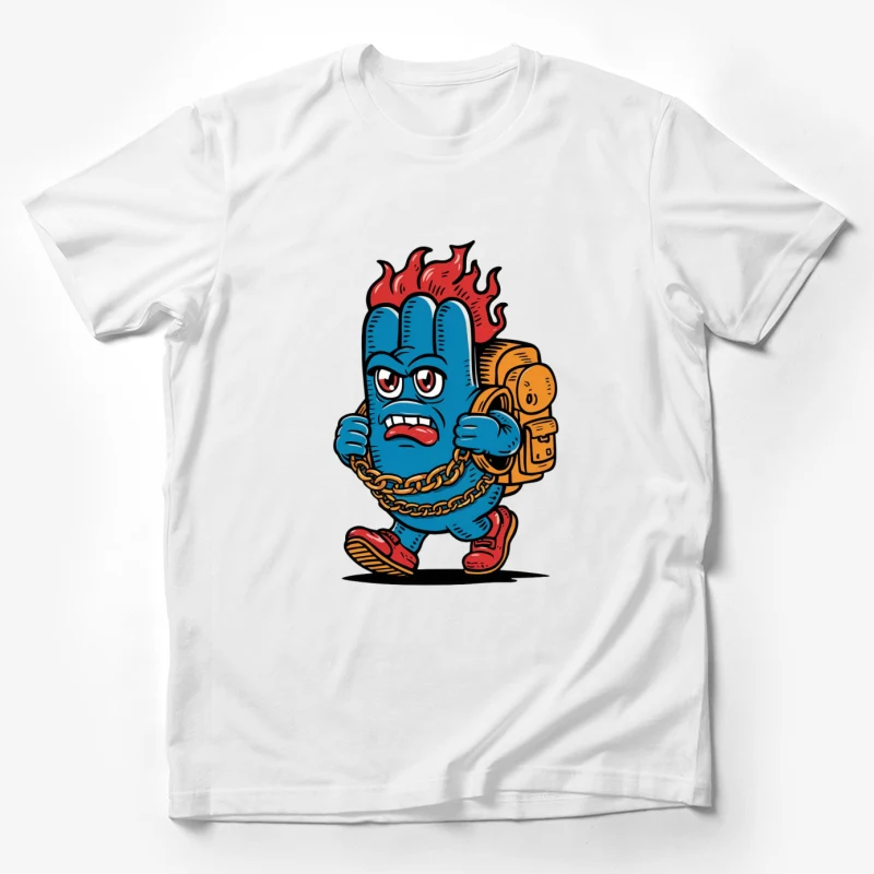 cartoon character street art graffiti style blue monster flames backpack gold chain angry expression Male T-Shirt