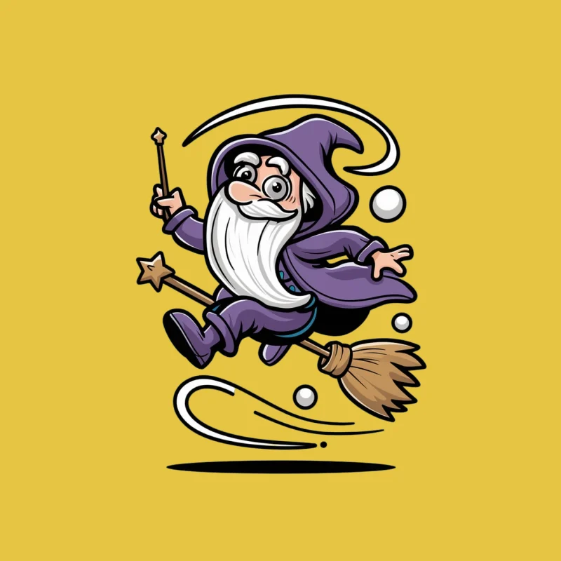 cartoon wizard magic wand broomstick purple robe flying whimsical Male T-Shirt