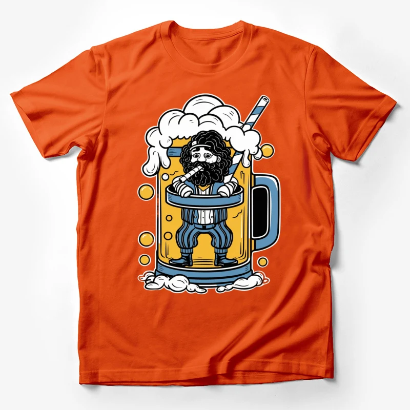 beer mug cartoon character bearded man foam bubbles straw illustration Male T-Shirt