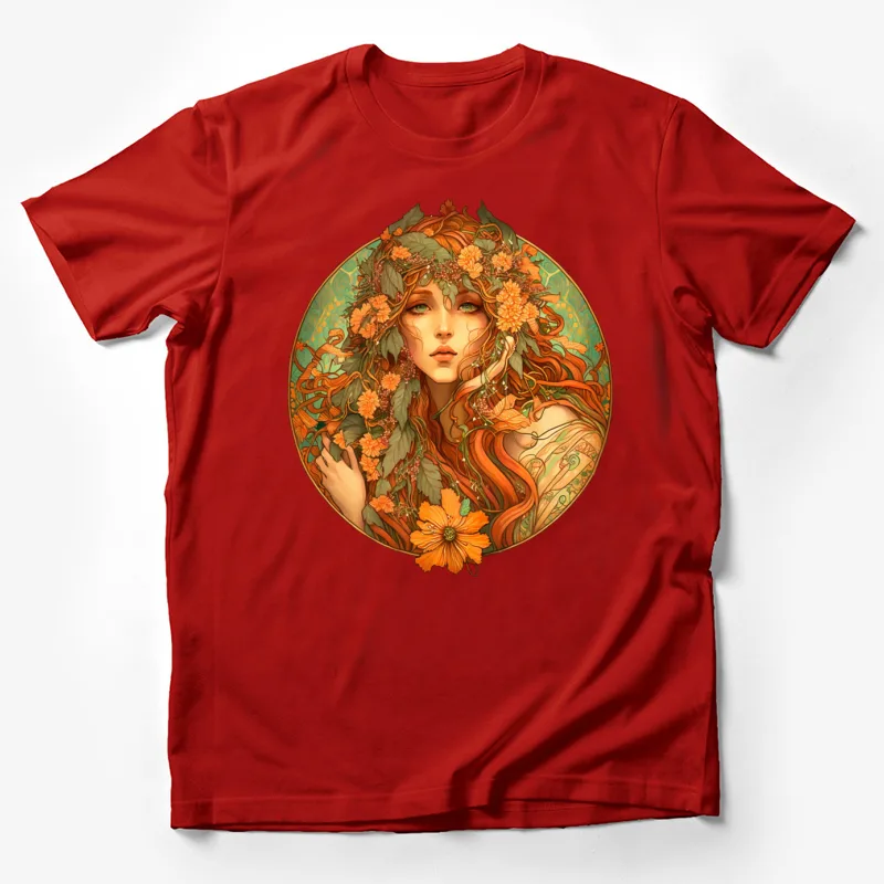 Floral nature woman circular composition orange green Male T-Shirt