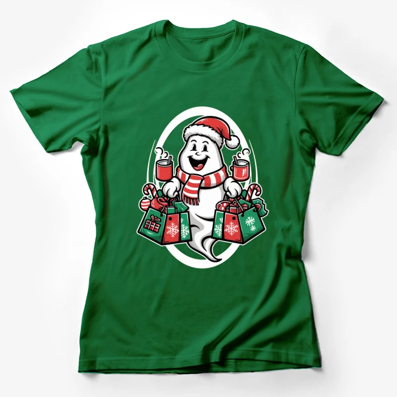 cartoon snowman Christmas Santa hat shopping bags candy canes hot cocoa scarf Female T-Shirt