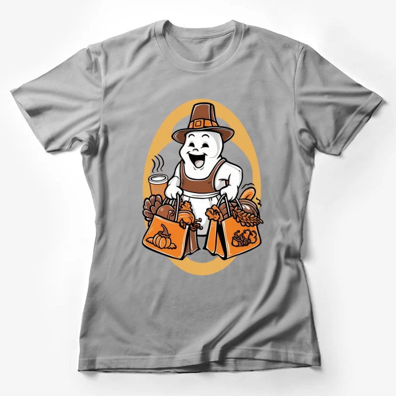 cartoon character Thanksgiving pilgrim hat shopping bags autumn groceries pumpkin harves Female T-Shirt