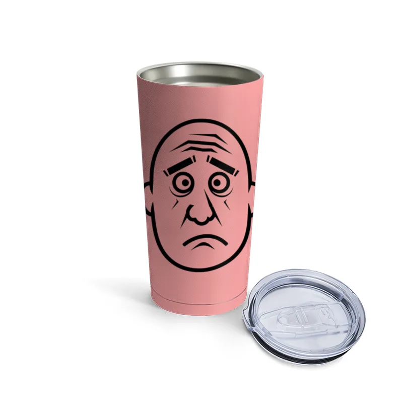 Simple Black and White Cartoon of Sad Bald Face with Worried Expression Travel Mug