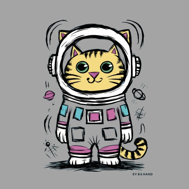 cartoon cat astronaut space suit cute illustration whimsical colorful doodle Male T-Shirt