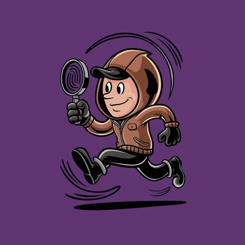 cartoon character detective magnifying glass running brown jacket cap retro style Male T-Shirt