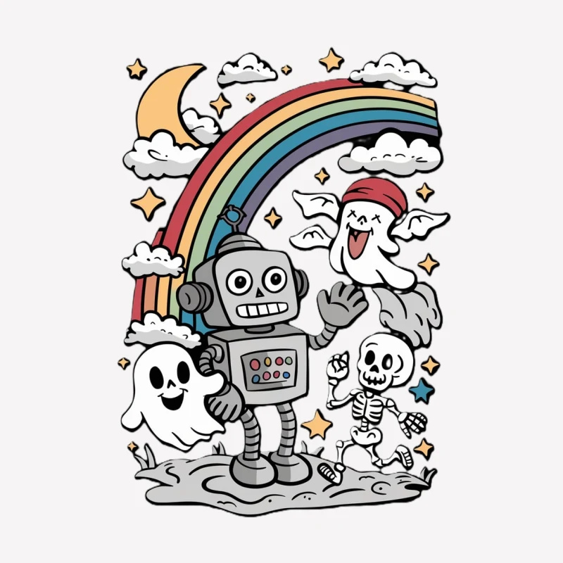 cartoon robot ghost skeleton rainbow clouds stars cute Male T-Shirt