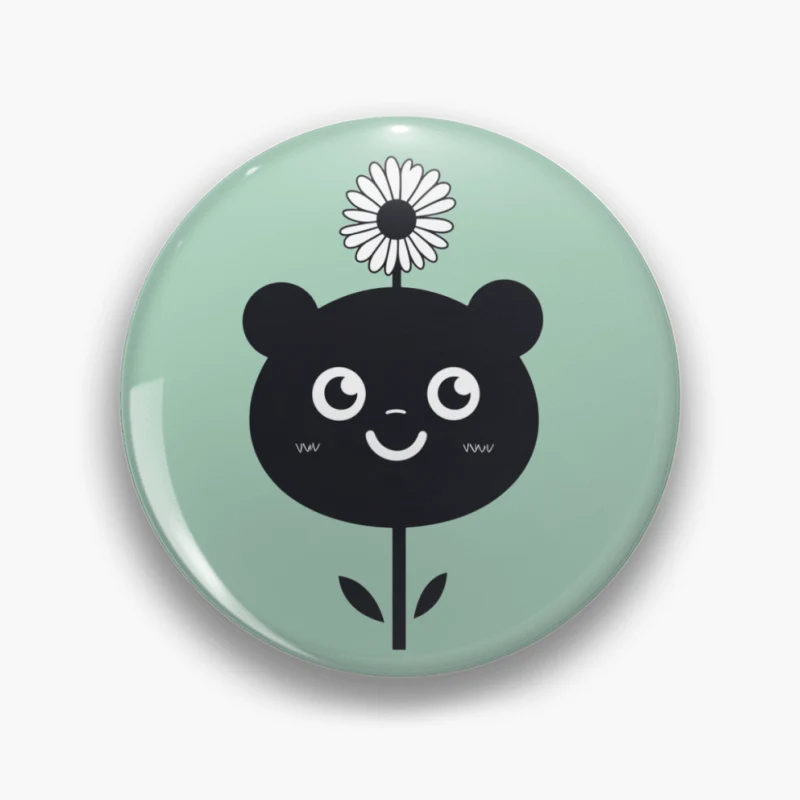 Cute Black Bear with Flower Minimalist Cartoon Illustration Pin
