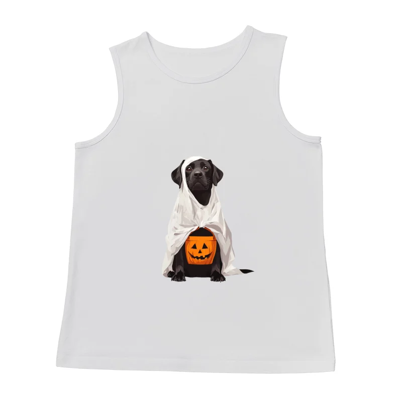 Adorable Black Labrador in Ghost Costume with Halloween Pumpkin Male Tank Top