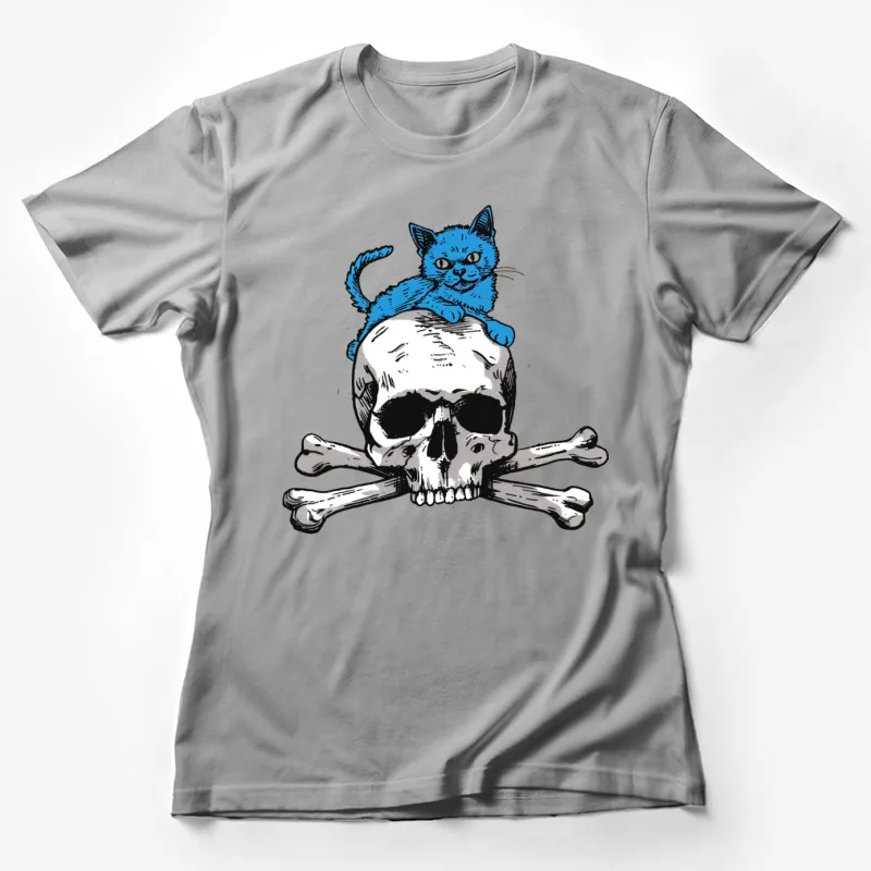 skull bones blue cat illustration gothic macabre cartoon Female T-Shirt